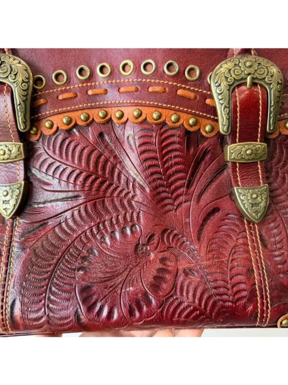 American West Tooled Leather Burgundy Western Shoulder Handbag Purse